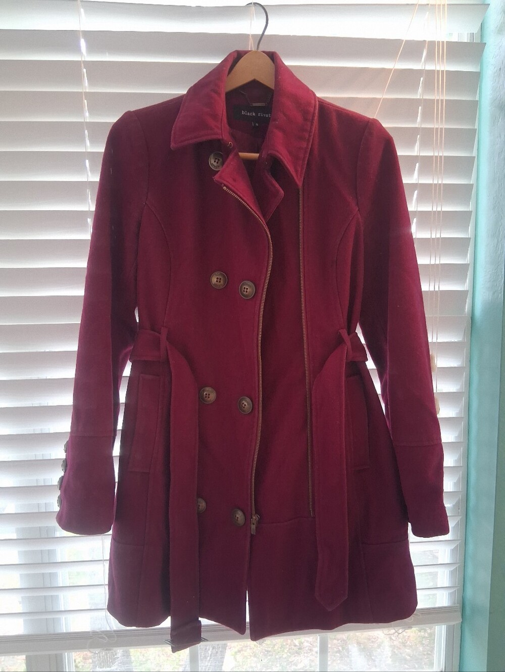 Black Rivet Burgundy Double-Breasted Trench Coat